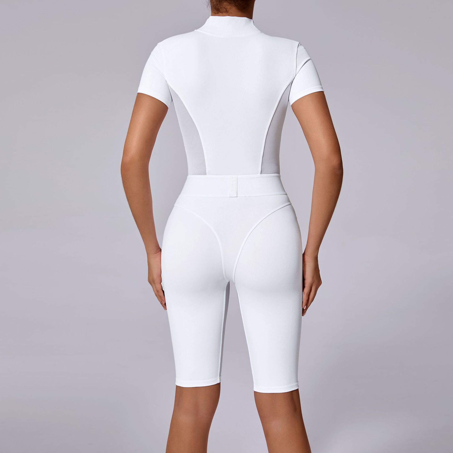 Title 3, Tight Waist Open Collar Zipper Short Sleeve Yog...