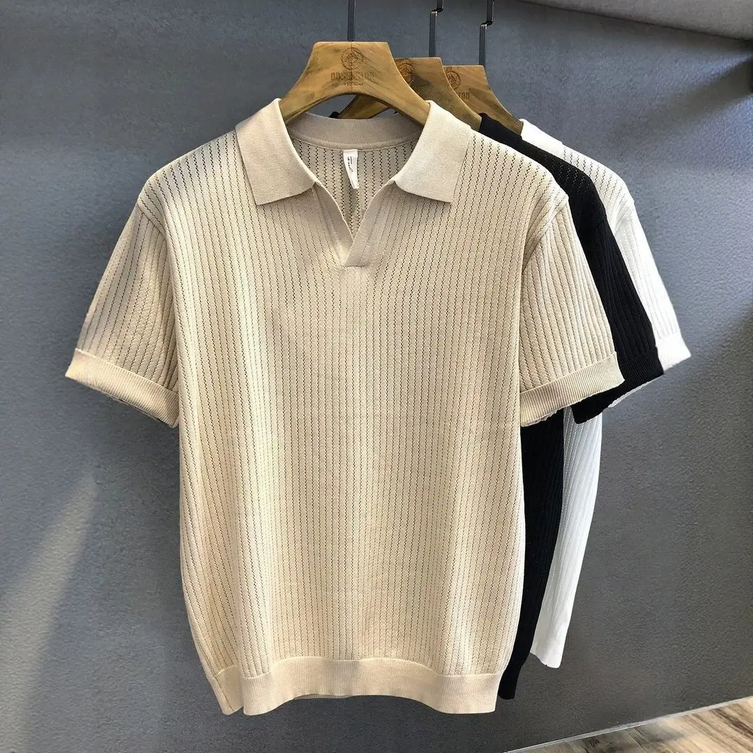 Mens Apricot Hollow-Out Lapel Short-Sleeve T-Shirt