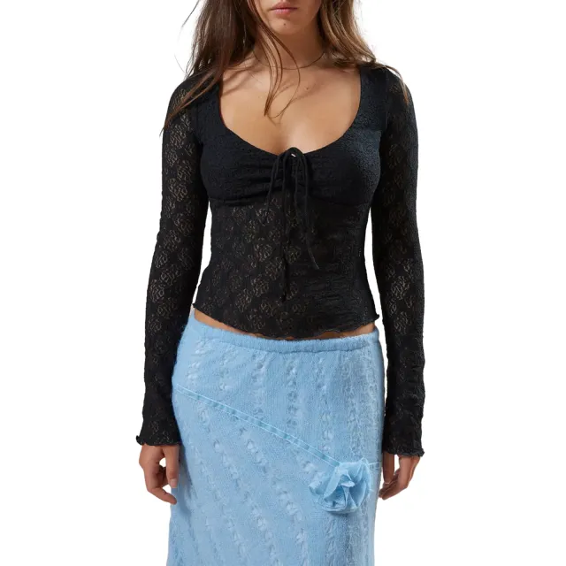 Slim fit Lace Lace up Long sleeved Bottoming Shirt Black - Shop at LoveMi