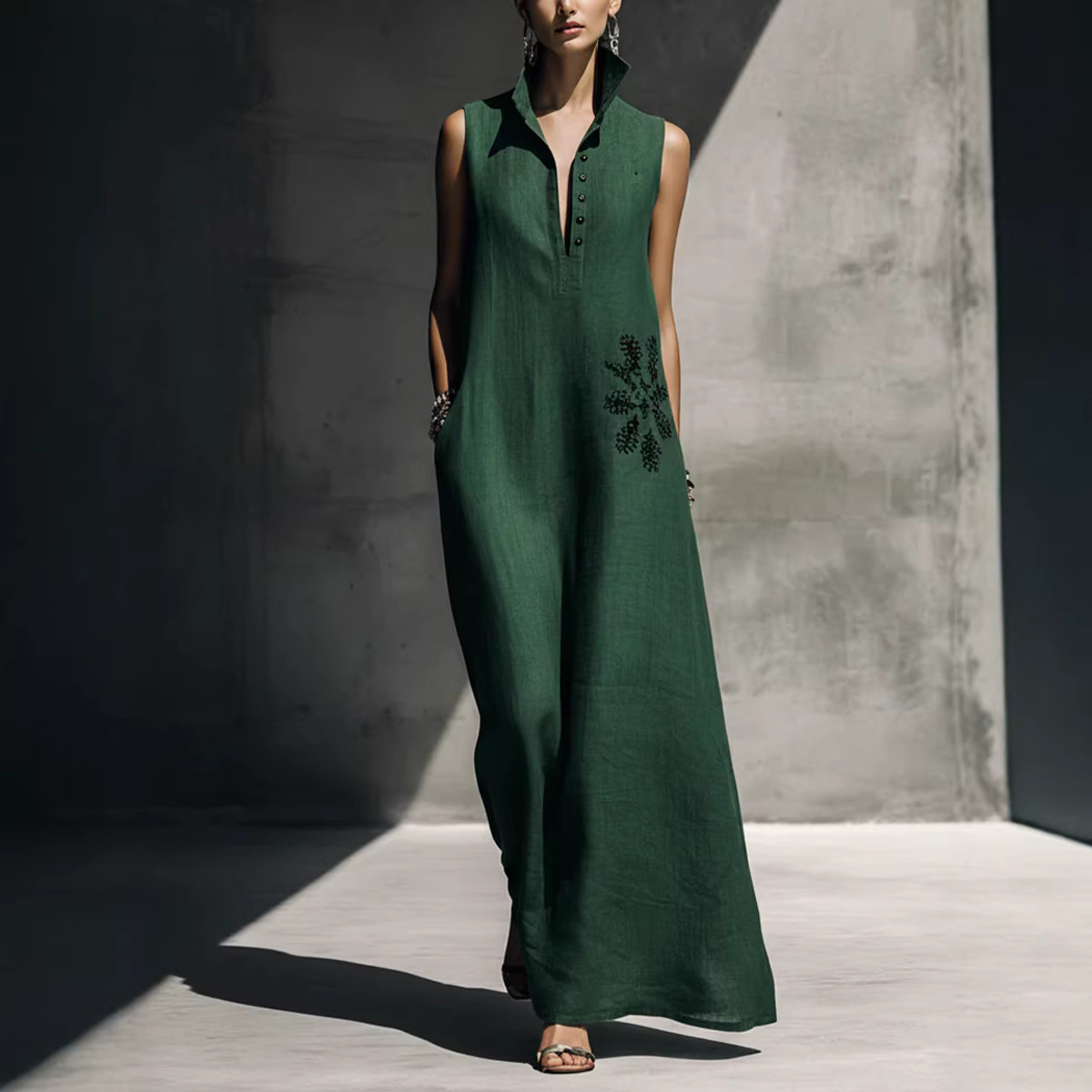 Heat-transfer Graphic Pocket Casual Mandarin-collar Cotton-linen Dress