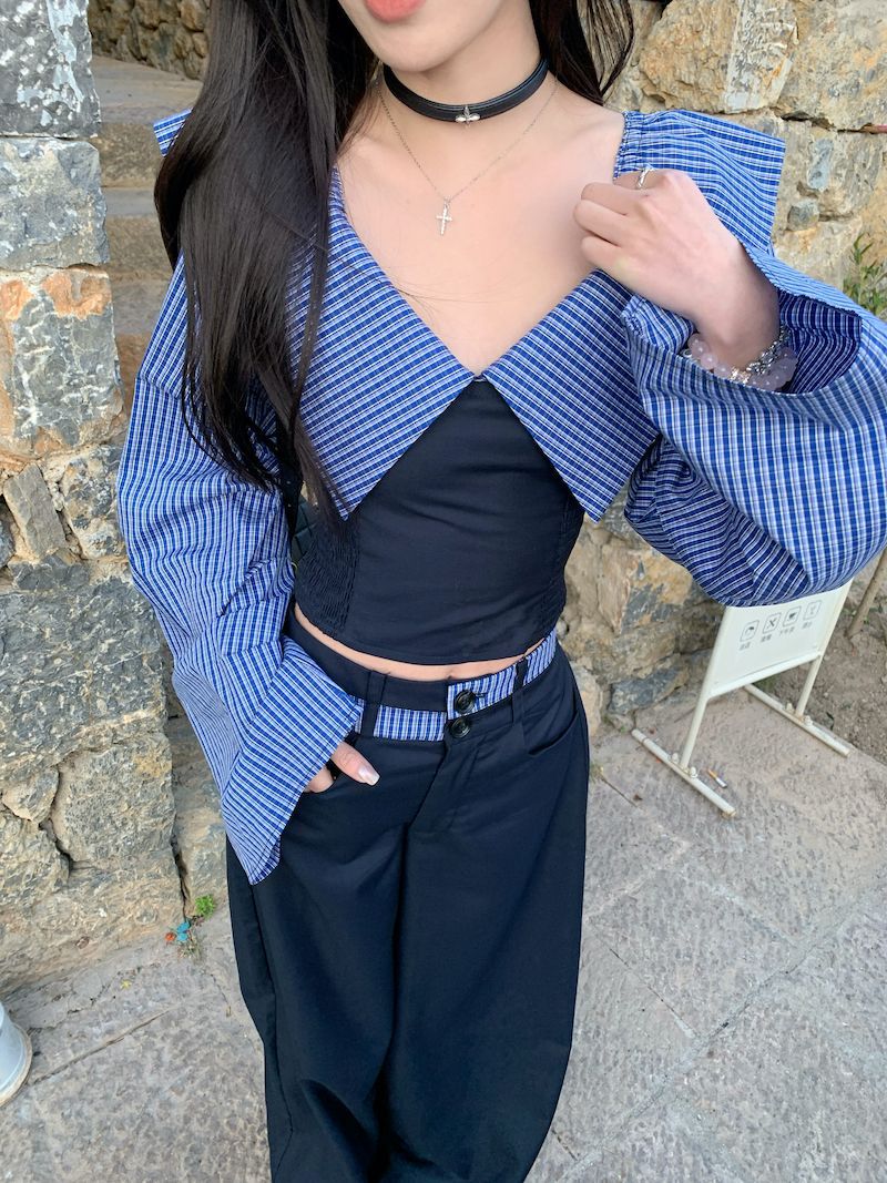 Striped Halterneck Chic Long-sleeve Shirt Paired With Draping Patchwork Wide-leg Pants