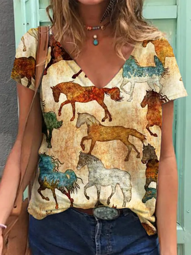 Retro Pattern 3D Printed V neck Short sleeved T shirt Women's Top 4 Style - Shop at LoveMi