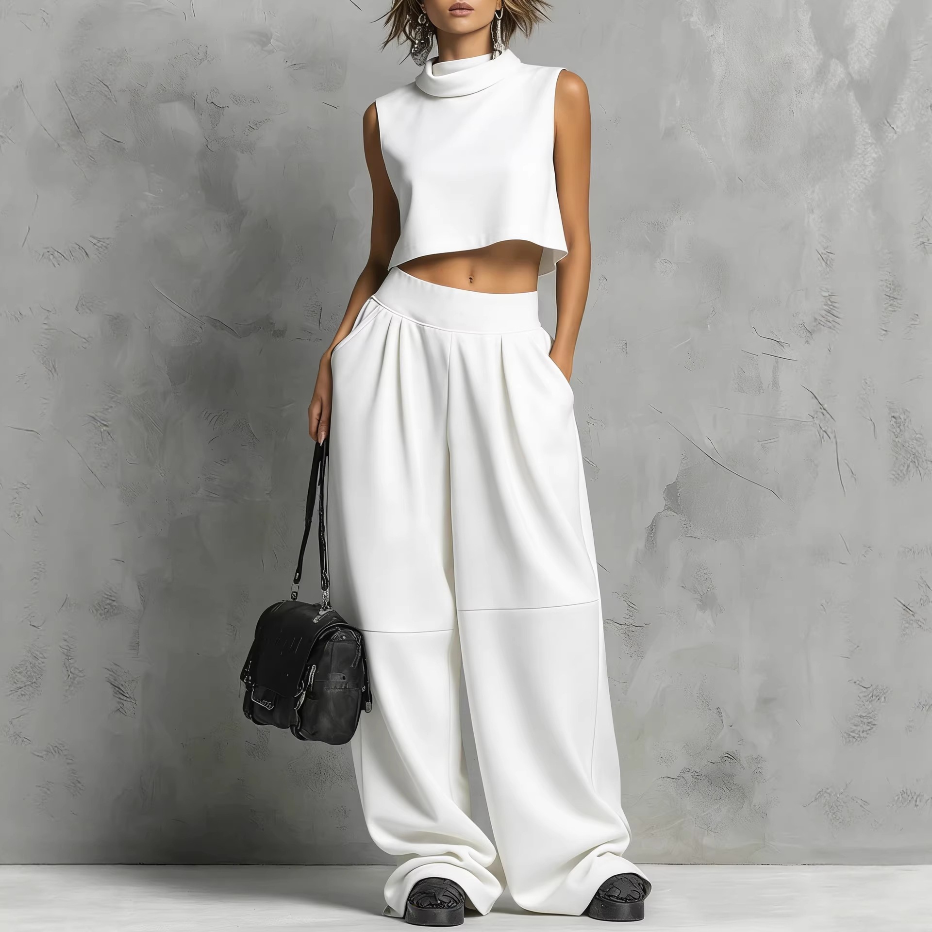 Womens Simple Loose Sleeveless Sweatshirt And Sweatpants Set