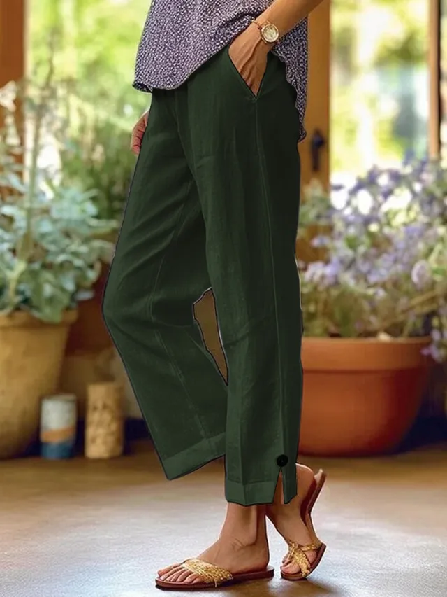 Cotton And Linen Loose Pure Color Elastic Waist Pocket Straight Casual Pants Dark Green - Shop at LoveMi