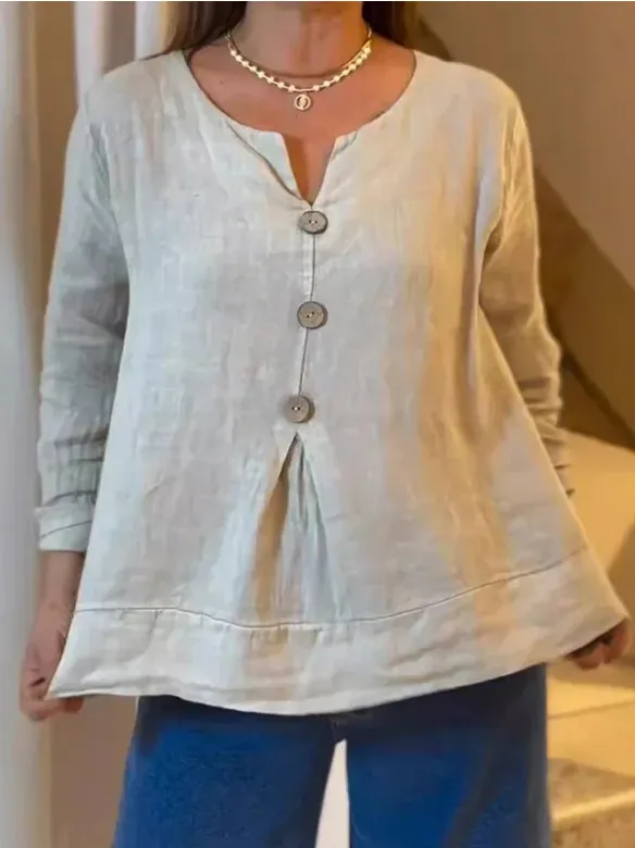 Loose Casual Cotton And Linen V neck Shirt Apricot - Shop at LoveMi