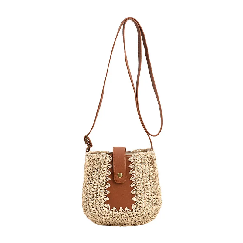 Large Capacity French Shoulder Straw BagPosture Stitching - Beige