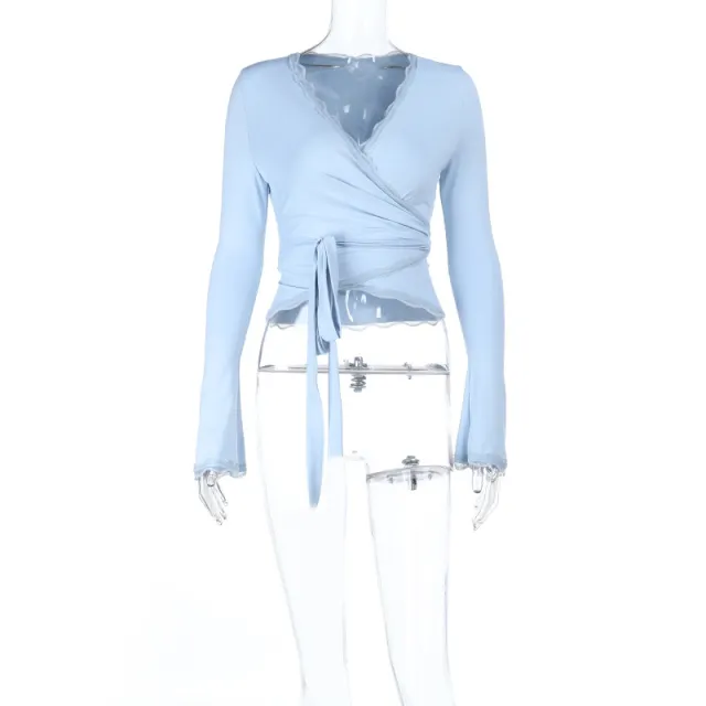 European And American Style Lace V neck Lace Up Long Sleeve Blue - Shop at LoveMi