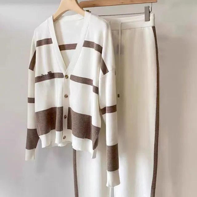 Autumn And Winter Leisure Striped Knitted Cardigan Top Wide Leg Pants Two piece Suit Apricot - Shop at LoveMi