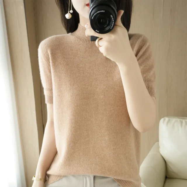 Mock neck Mid length Sleeve Lightweight Sweater Women Golden Camel - Shop at LoveMi