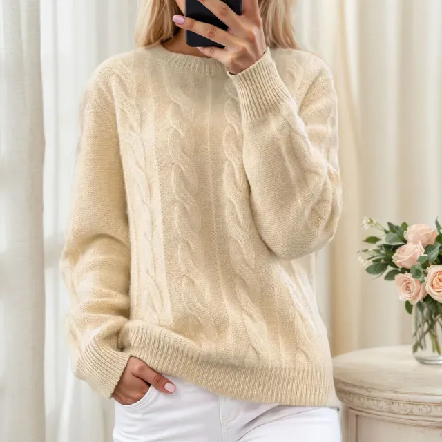 Womens Crew Neck Solid Color Jacquard Knit Retro Pullover Sweater Beige - Shop at LoveMi