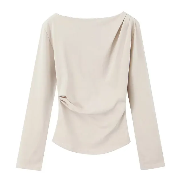 Spring New Simple And Versatile Long sleeve Asymmetrical Elastic Top For Women With Pleats Creamy White - Shop at LoveMi