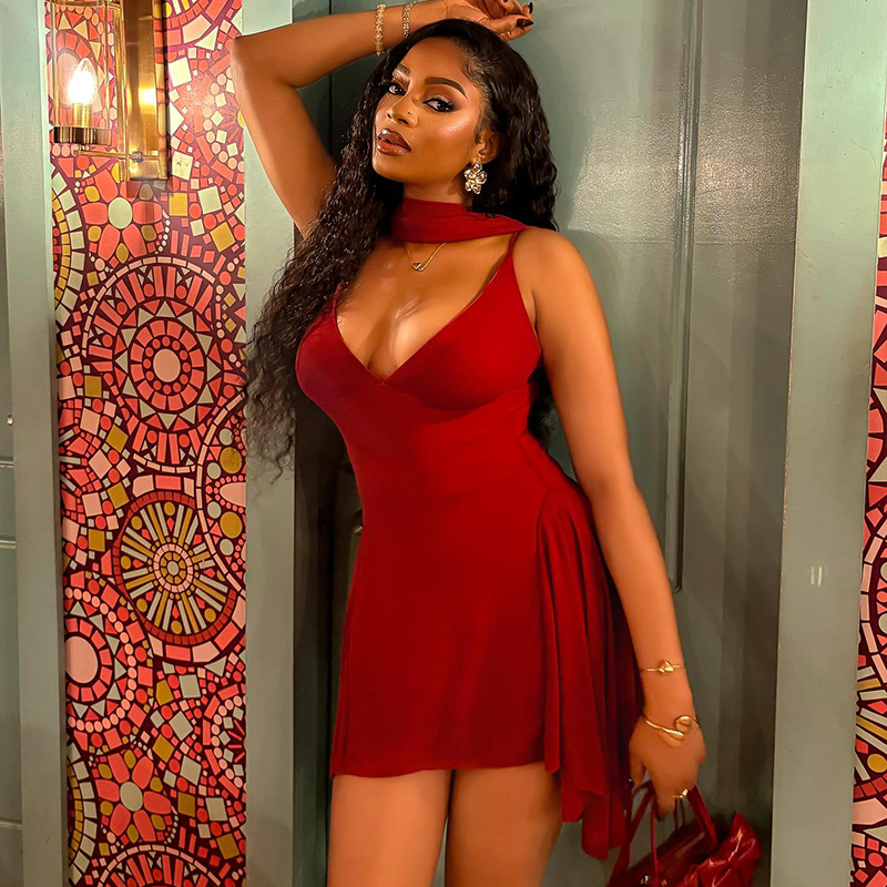A word Halter V neck Sleeveless Short Light Dress Red - Shop at LoveMi