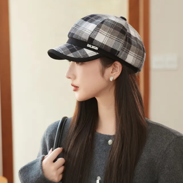 British Style Retro Plaid Octagonal Hat Autumn And Winter Mm1552 Black - Shop at LoveMi