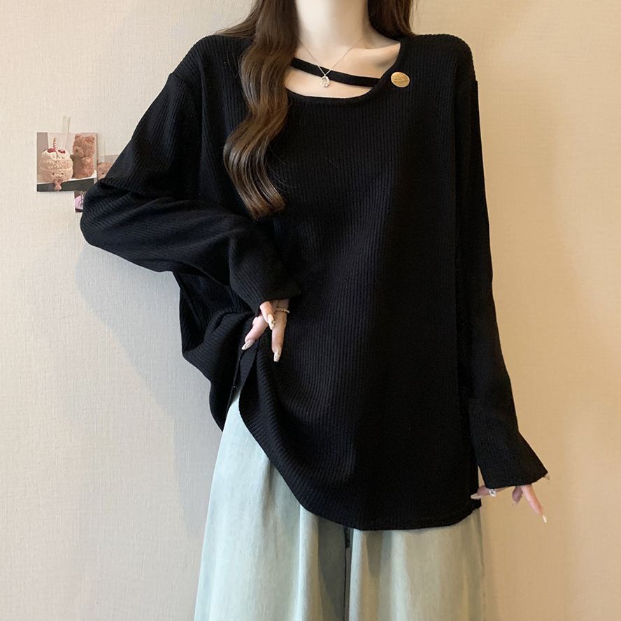 Plus-size Hollow-out Patchwork Long-sleeve Bottoming Shirt Versatile Top
