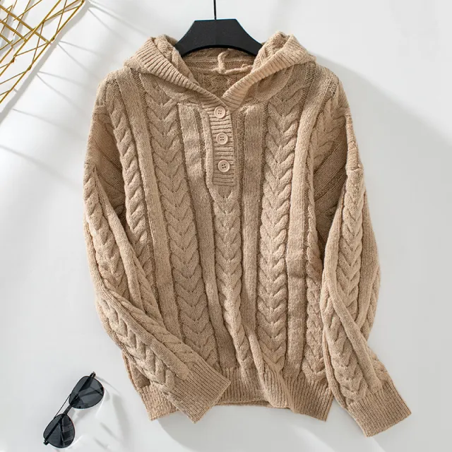 Hooded Pullover Women's Button Cable knit Sweater Khaki - Shop at LoveMi