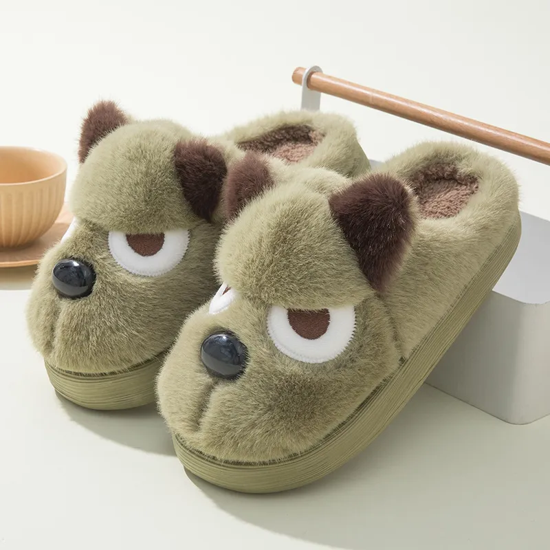 Warm And Cute Puppy Platform Non Slip Cotton Slippers - Green