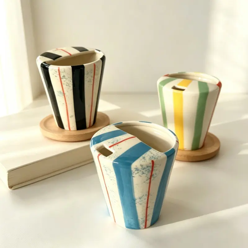 Hand-Painted Color-Block Striped Ceramic Coffee Mug