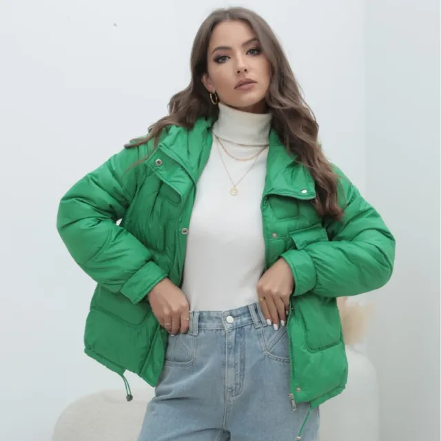 Down Cotton padded Coat For Women Thickened Bright Color Stand Collar Fluorescent Green - Shop at LoveMi