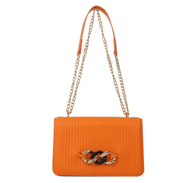 Candy colored Chain Indentation Striped Shoulder Crossbody Small Square Bag Orange - Shop at LoveMi