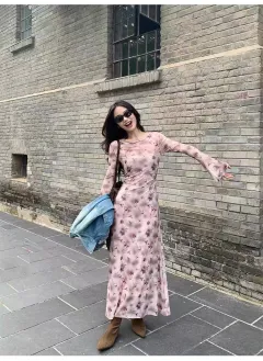 Two-piece Women's Flared Sleeve Waist-cinching Slim-fit Elegant Long Dress - Pink - View 1