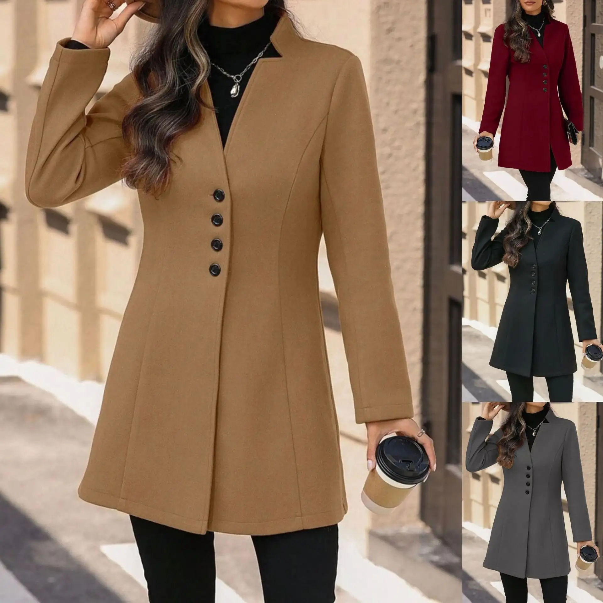 Elegant Wool Stand-collar Trench Coat Mid-length Style