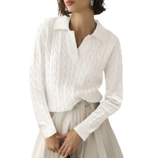 Women's V neck Twisted Knitted Pullover White - Shop at LoveMi