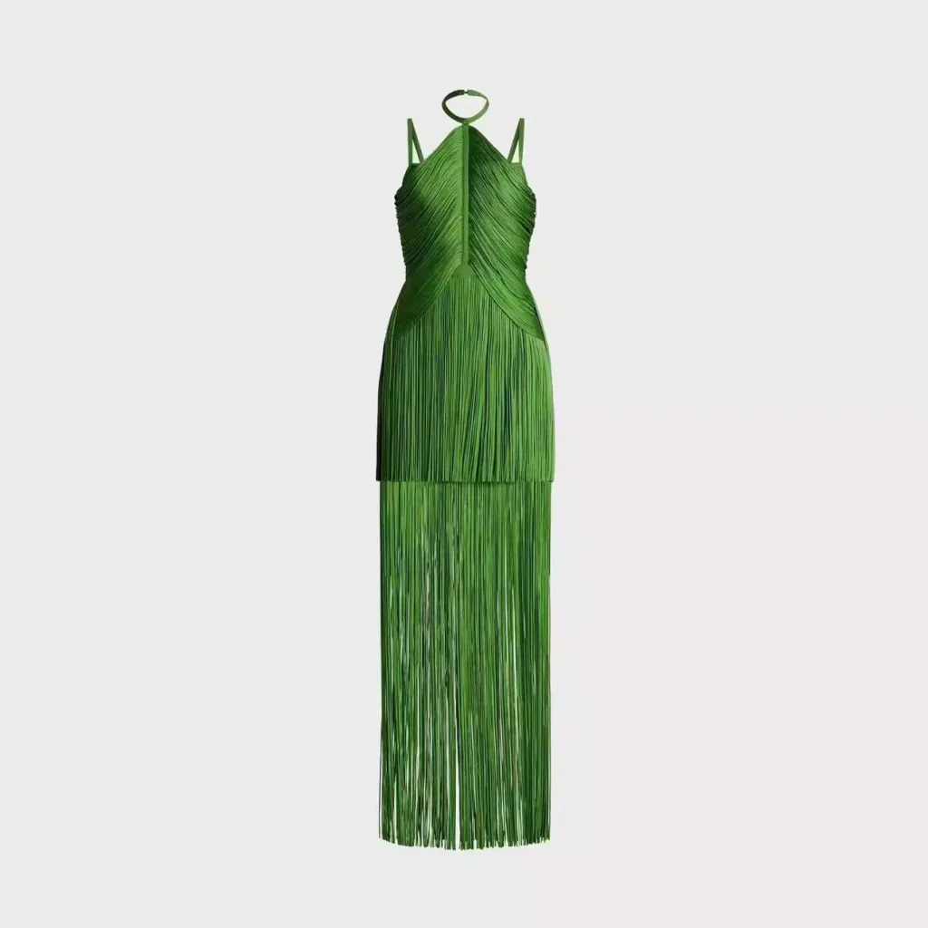 Green Halter Spaghetti Straps Tassel Dinner Ball Dress - Green