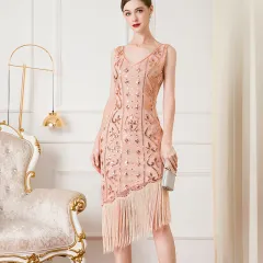 Vintage Party Sequin Bead Irregular Tassel Dress - Gold - View 1