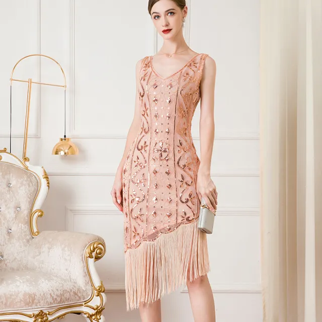Vintage Party Sequin Bead Irregular Tassel Dress Gold - Shop at LoveMi