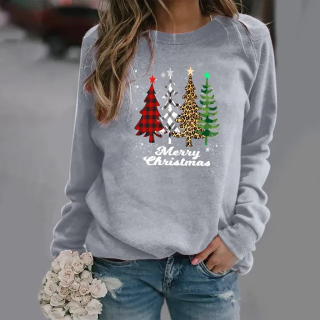 Pattern Printing Long Sleeve Crew Neck Sweater Female Gray - Shop at LoveMi