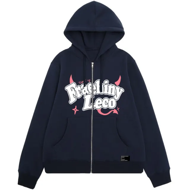 Fraehiny Printed Cardigan Sweater Zipper Hooded Sweatshirt Coat Navy Blue - Shop at LoveMi