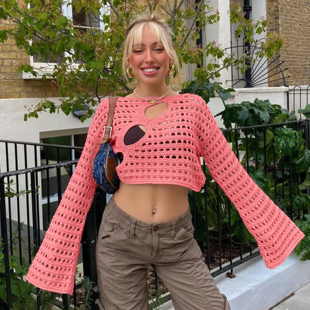 Summer New European And American Style Fashion Sexy Irregular Ripped Hollow out Knitted Blouse Pink - Shop at LoveMi