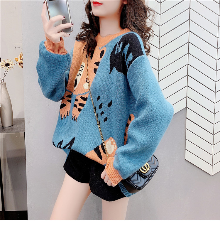 Cashmere Sweater College Style Korean Style Loose And Lazy Style Round Neck Top Blue - Shop at LoveMi