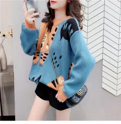 Cashmere Sweater College Style Korean Style Loose And Lazy Style Round Neck Top - Blue - View 1