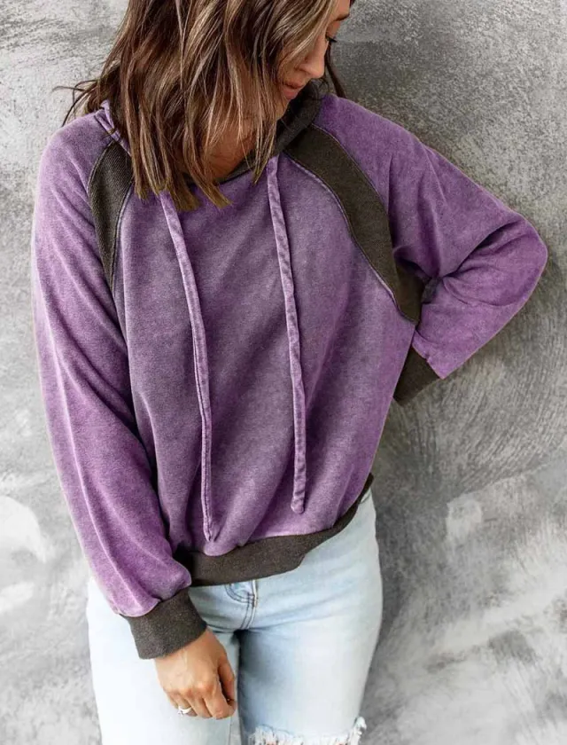 Casual Patchwork Top Hooded Long Sleeve Sweater Purple - Shop at LoveMi