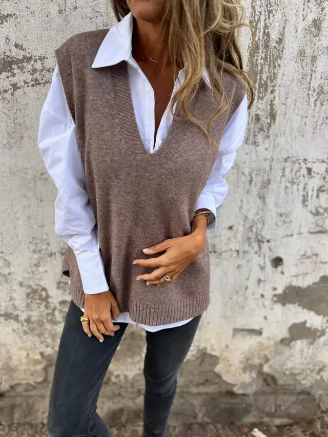 Women's V neck Knitted Sweater Vest Gray Brown - Shop at LoveMi