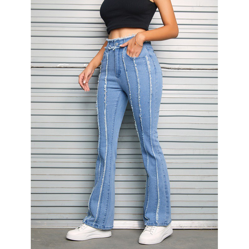 Slightly Flared Wool Edge Jeans Blue - Shop at LoveMi