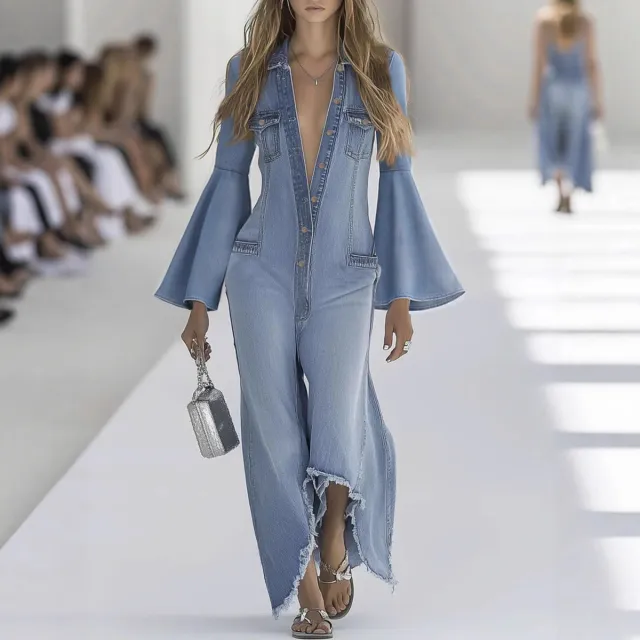 Women's Loose Solid Color Casual Single breasted Denim Jumpsuit Light Blue - Shop at LoveMi