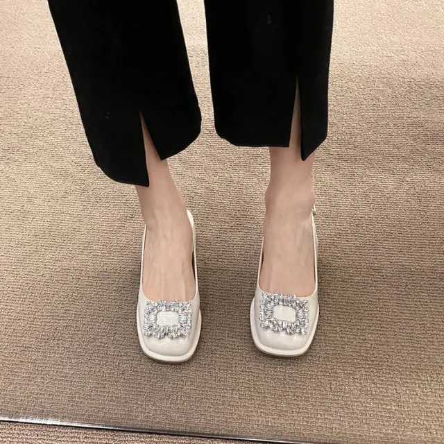 French Retro Rhinestone Buckle Chunky Heel Elegant Sandals White - Shop at LoveMi