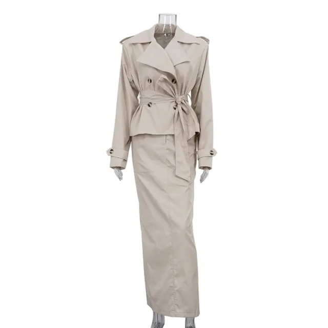 Turn down Collar Long sleeve Trench Coat And Commuter Two piece Set Light Gray - Shop at LoveMi
