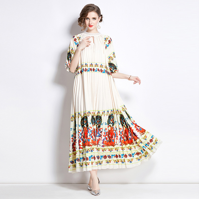 Pleated Pearl-Buckle Midi Dress