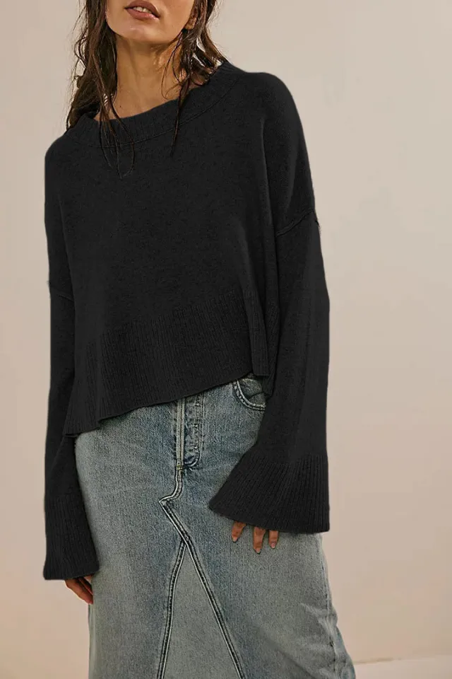 Solid Color Round neck Flared Sleeves Pullover Sweater Fashion Sweater Black - Shop at LoveMi