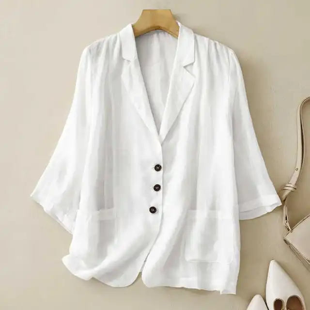 Cotton And Linen Loose Slimming Middle Sleeve Suit Jacket White - Shop at LoveMi
