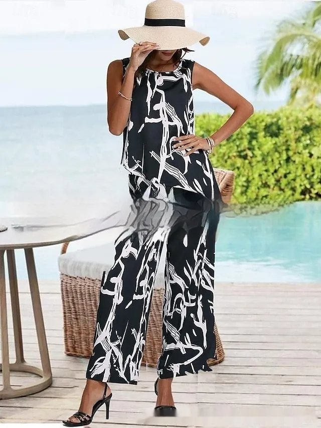 Women's Clothing Spring And Summer Hot selling Sleeveless Round Neck Beveled Top Printed Pants No 6 Color - Shop at LoveMi