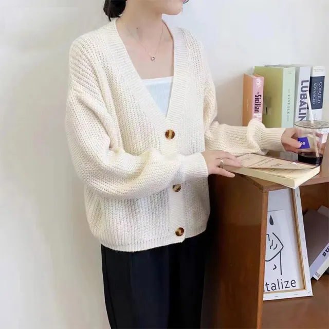V neck Loose And Lazy Style Base Knitting Cardigan Women's Top Beige - Shop at LoveMi
