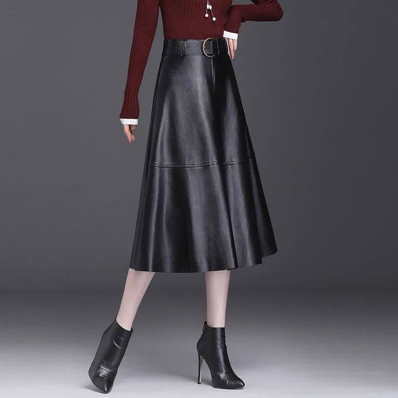 Leather Skirt Female A- Line High Waist Pleated Umbrella Skirt - Black