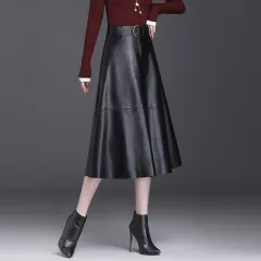 Leather Skirt Female A- Line High Waist Pleated Umbrella Skirt - Black - View 1