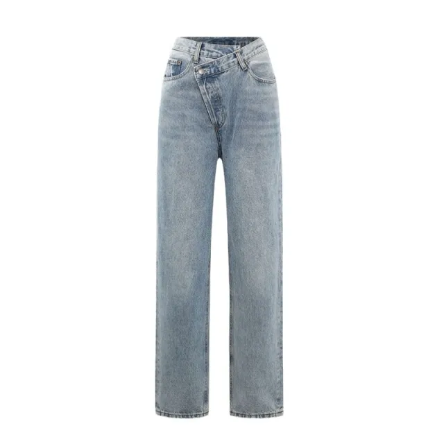 Waist Straight Irregular Oblique Breasted Denim Trousers Blue - Shop at LoveMi
