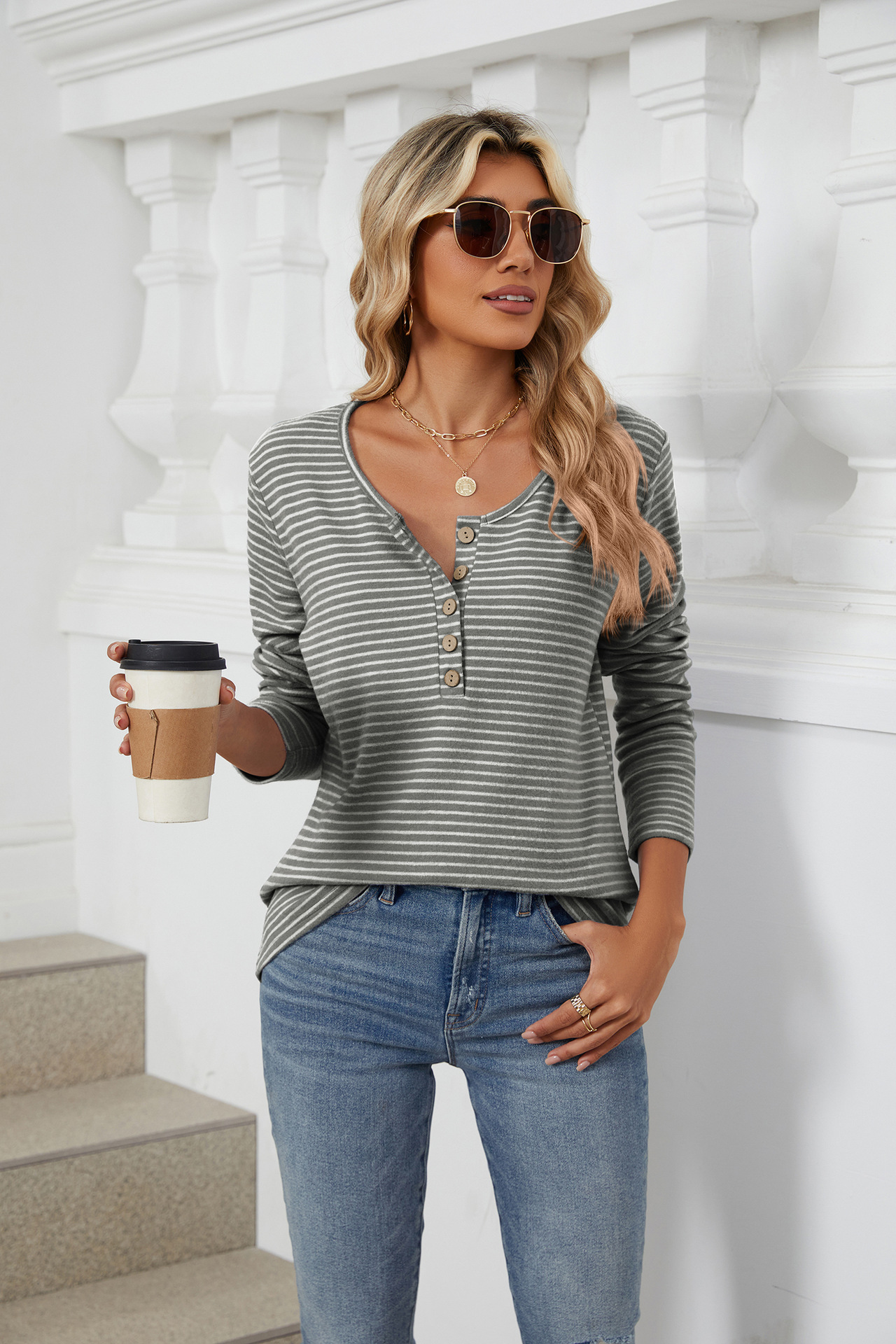 Title 22, Round Neck Button Solid Color Striped Casual T-...