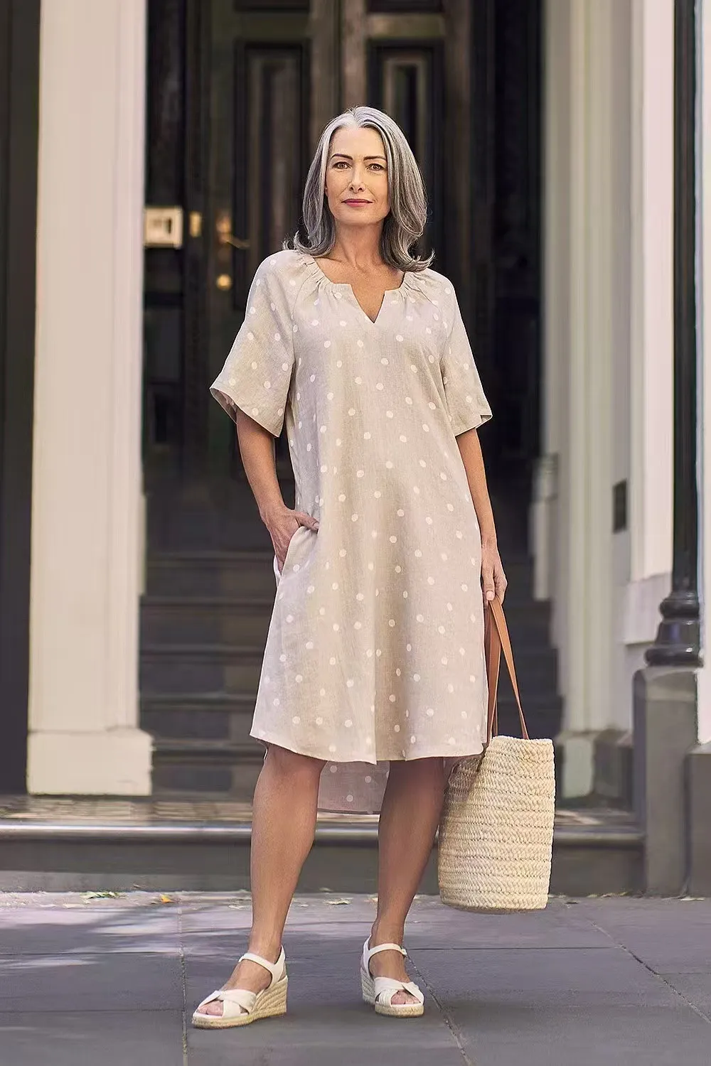 European And American Fashion V-neck Short Sleeve Pocket Polka Dot Dress - Apricot